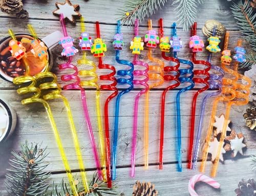 24-Pack Robot-Themed Reusable Plastic Straws for Birthday Party Favors