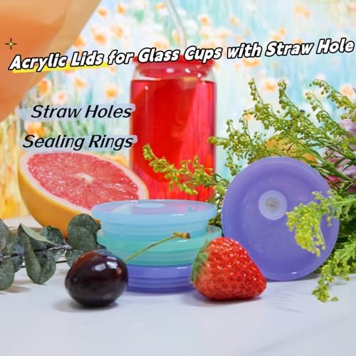 4 Pack Acrylic Lids for Glass Cups with Bamboo Lids and Straws