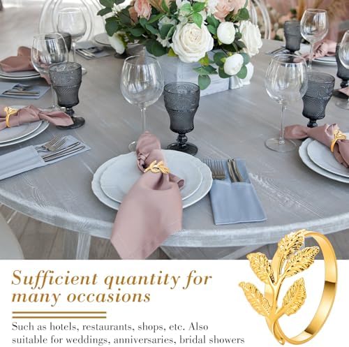 Bokon 50 Pcs Gold Napkin Rings Metal Leaf Design Holders