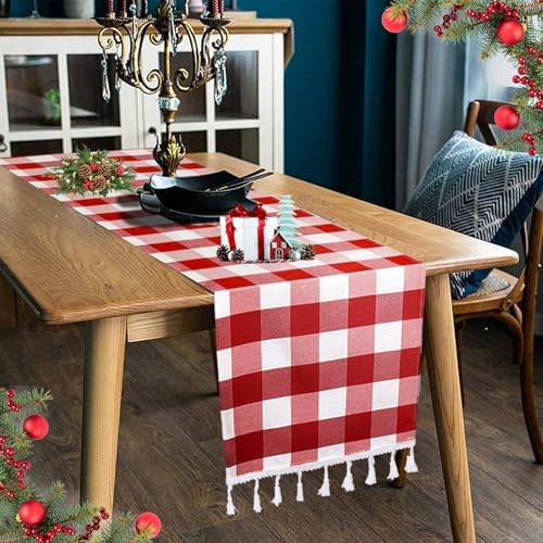 DUOBAO Buffalo Plaid Table Runner Red and White Checkered 14x108 Inches