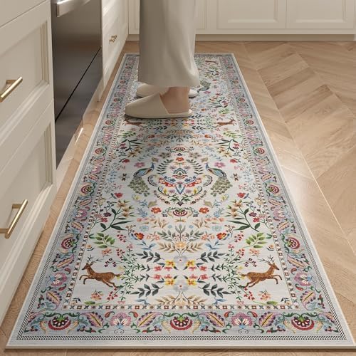 Rugcomf Washable Floral Runner Rug 26x8 Non-Slip Kitchen Entryway Carpet