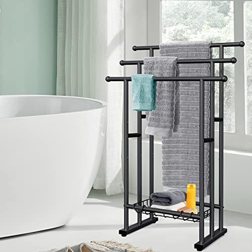 Kayfia 40 Inch Free Standing Towel Rack 3 Tier with Basket Black