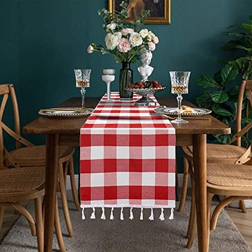DUOBAO Buffalo Plaid Table Runner Red and White Checkered 14x108 Inches