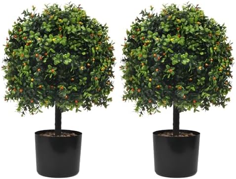 KUKKUME Artificial Boxwood Topiary with Reddish Fruit Set of 2