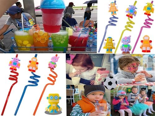 24-Pack Robot-Themed Reusable Plastic Straws for Birthday Party Favors