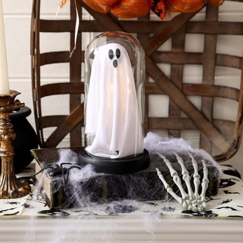 Light Up Ghost Glass Cloche Halloween Decor