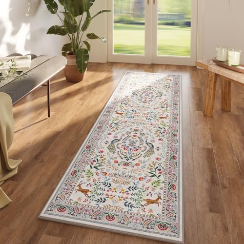 Rugcomf Washable Floral Runner Rug 26x8 Non-Slip Kitchen Entryway Carpet
