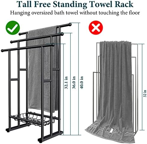 Kayfia 40 Inch Free Standing Towel Rack 3 Tier with Basket Black