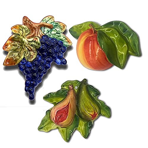 Italian Ceramic Fruits Wall Decor - Hand Painted Grapes Figs Apple