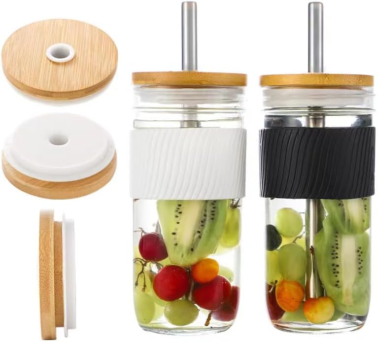 Upgrade 4Pcs Bamboo Mason Jar Lids with Straw Hole and Silicone Caps