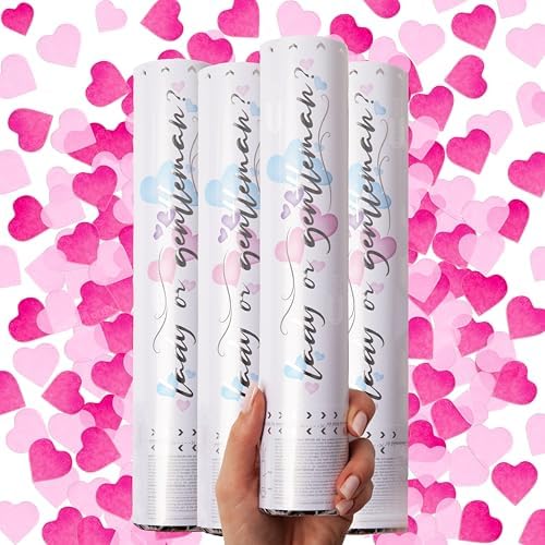 PrimePure Pink Heart Confetti Cannon - 4 Pack Biodegradable Gender Reveal Party Poppers
