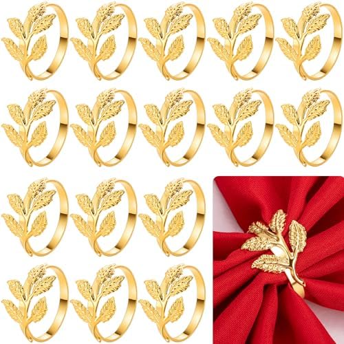 Bokon 50 Pcs Gold Napkin Rings Metal Leaf Design Holders