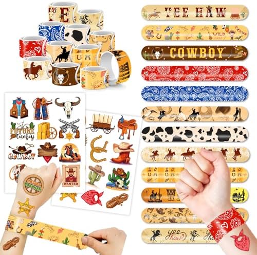 48PCS Cowboy Party Set with Slap Bracelets and Temporary Tattoos