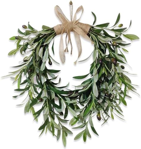 22 Inch Heart Shaped Artificial Olive Wreath - Farmhouse Style with Spring Flowers