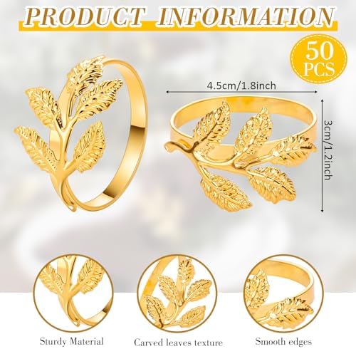 Bokon 50 Pcs Gold Napkin Rings Metal Leaf Design Holders