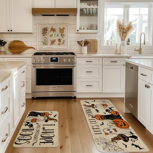 Artoid Mode Halloween Kitchen Mats Set of 2 Black Cat Spider Web