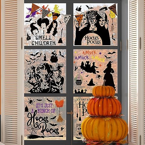 GreenPine 6Pcs Halloween Window Clings Witch Decals Bats Spider Webs