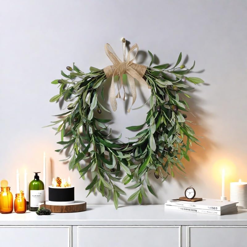 22 Inch Heart Shaped Artificial Olive Wreath - Farmhouse Style with Spring Flowers
