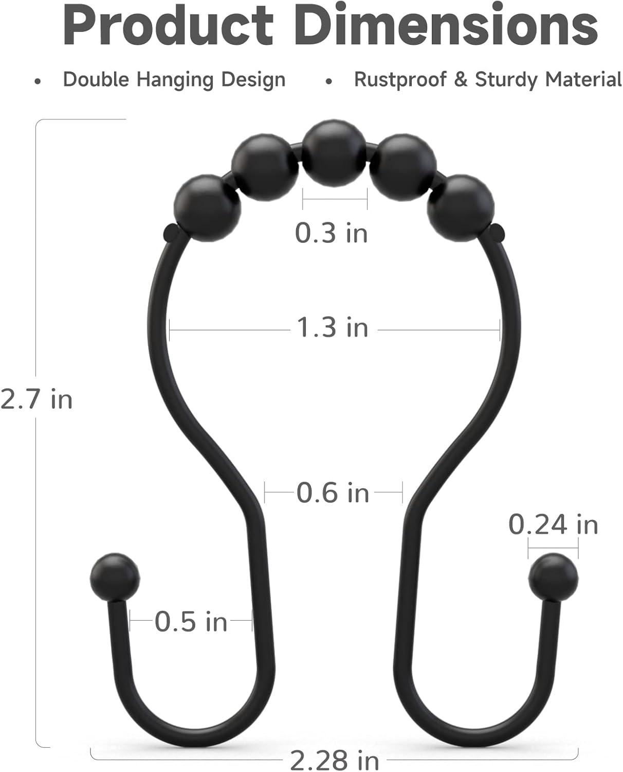 Double Shower Hooks for Curtain Liner and Curtain