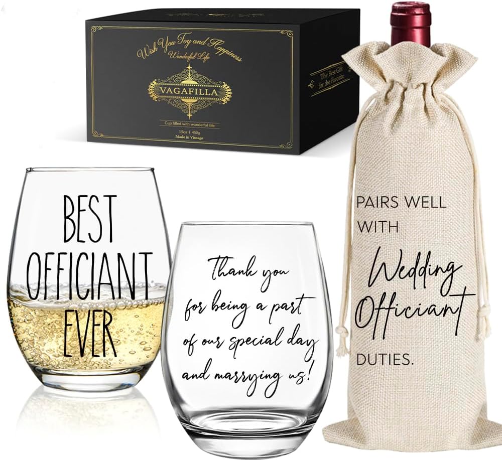 Wedding Officiant Wine Glass Gift Bag Set