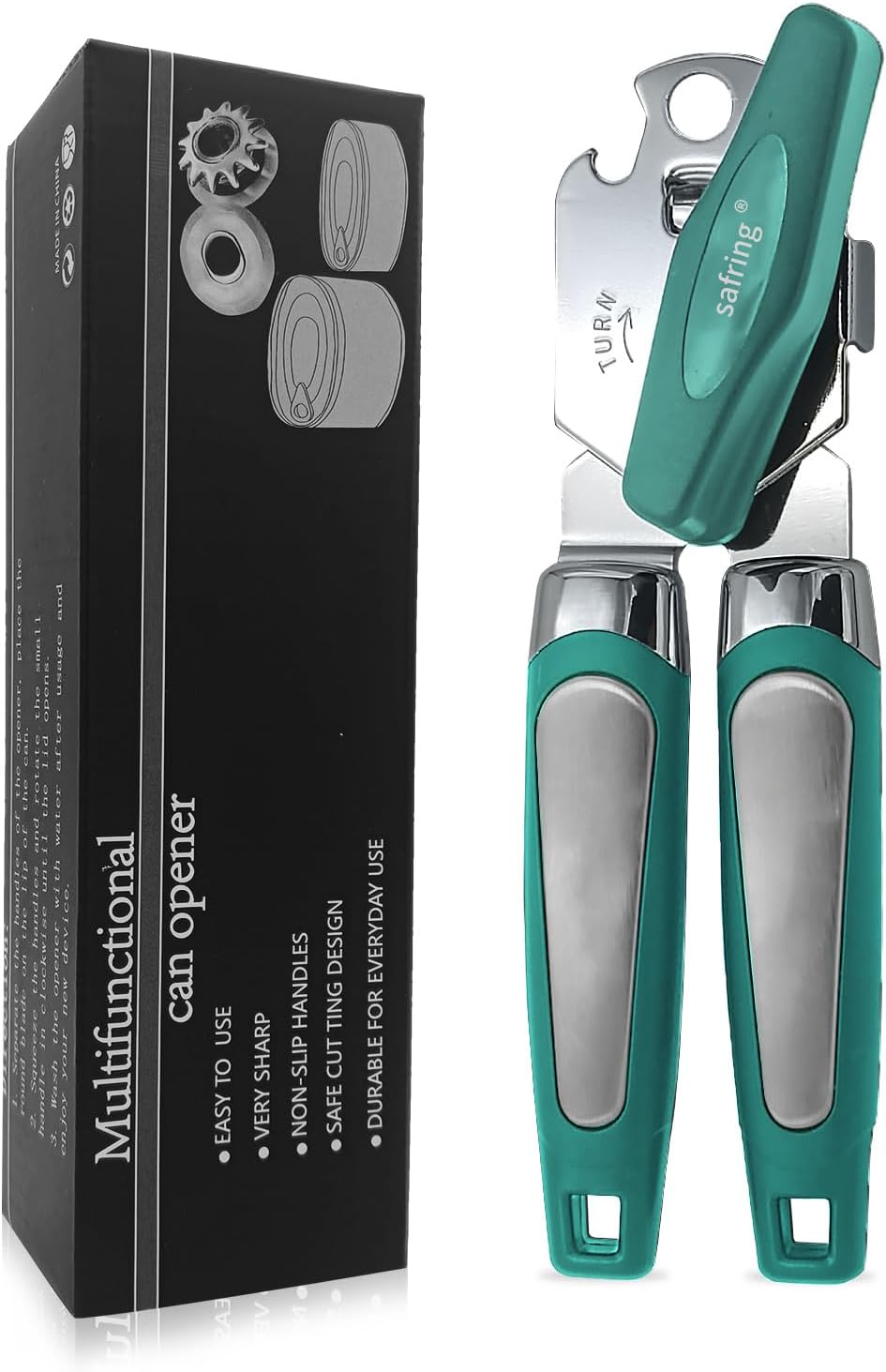 Safring Manual Can Opener with Bottle Opener Heavy Duty Stainless Steel