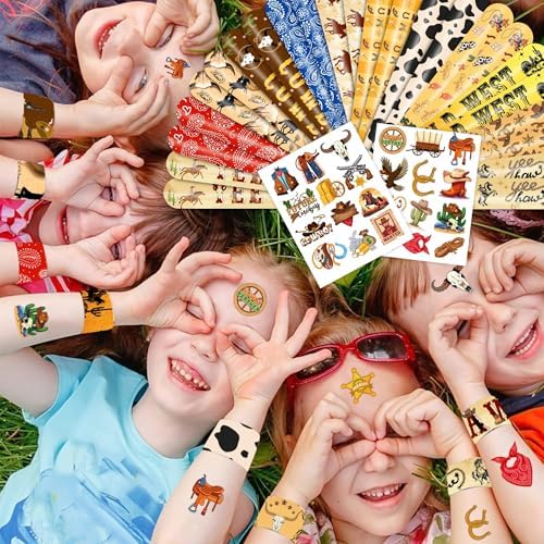 48PCS Cowboy Party Set with Slap Bracelets and Temporary Tattoos