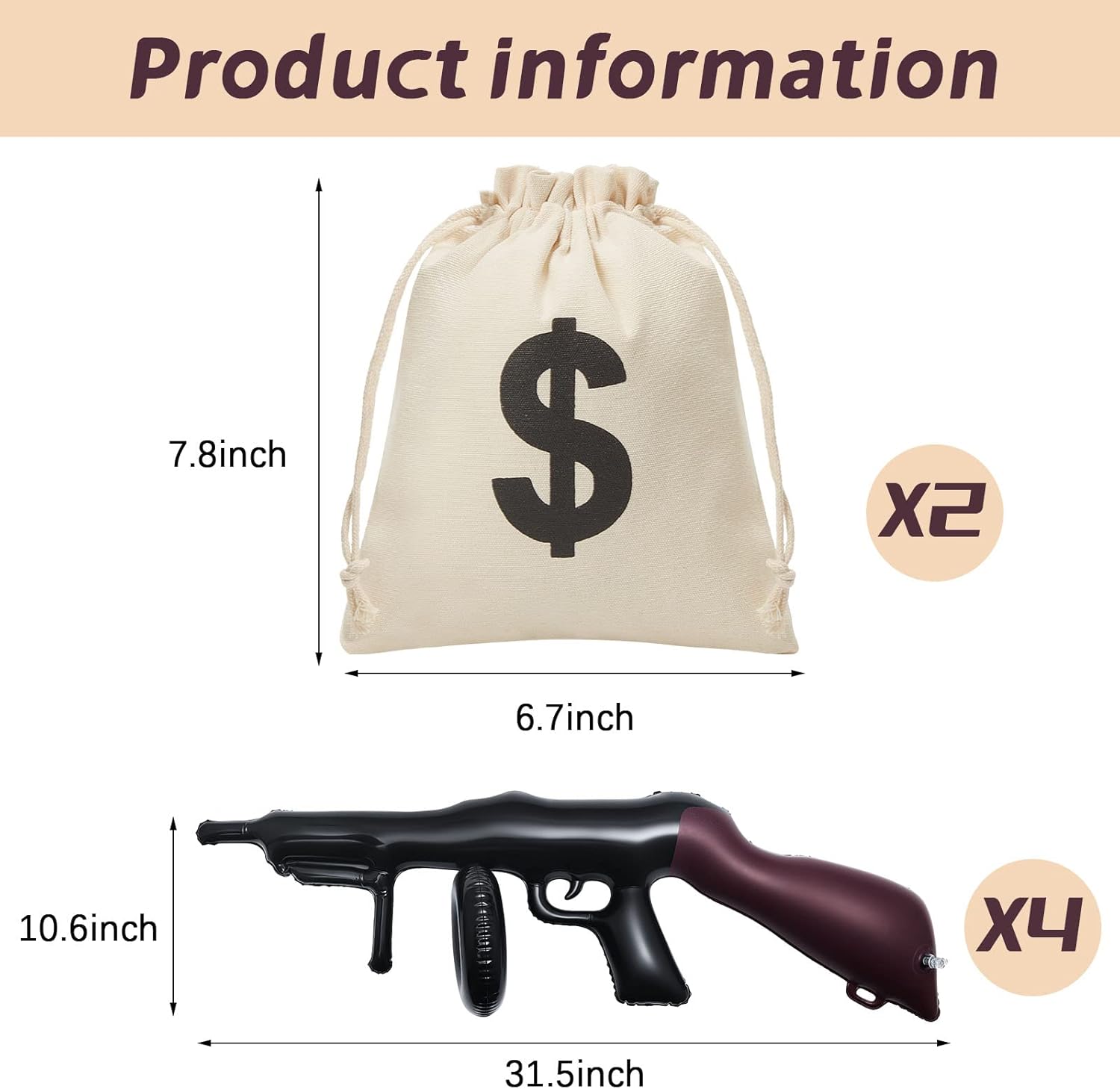 Zhanmai 6 Pcs Inflatable Gun Props Money Bag Set