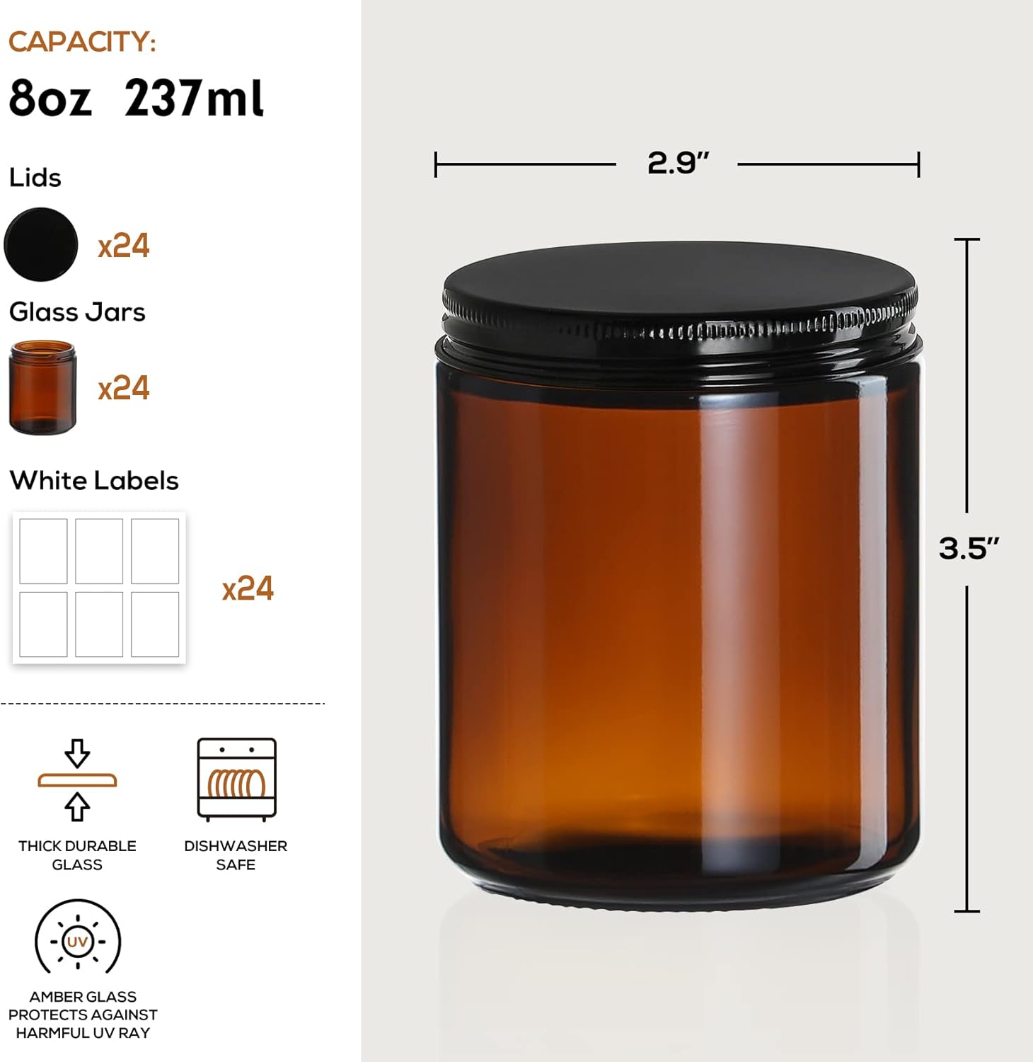 24 Pack 8oz Amber Glass Jars with Black Lids