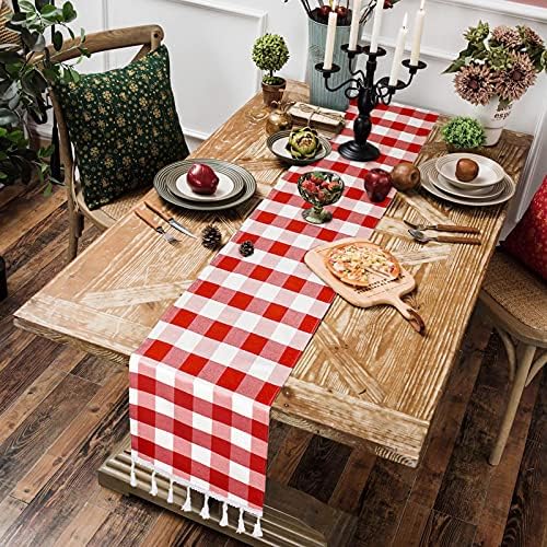 DUOBAO Buffalo Plaid Table Runner Red and White Checkered 14x108 Inches