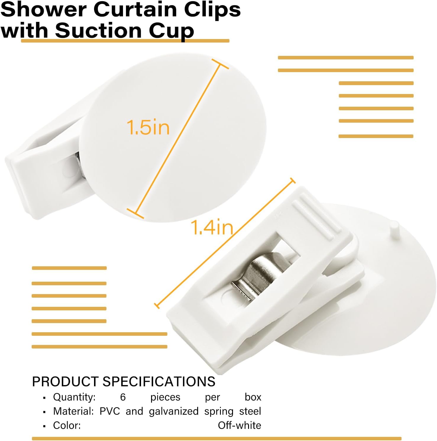 6 Pack Shower Curtain Clips with Suction Cup Windproof Splash Guard