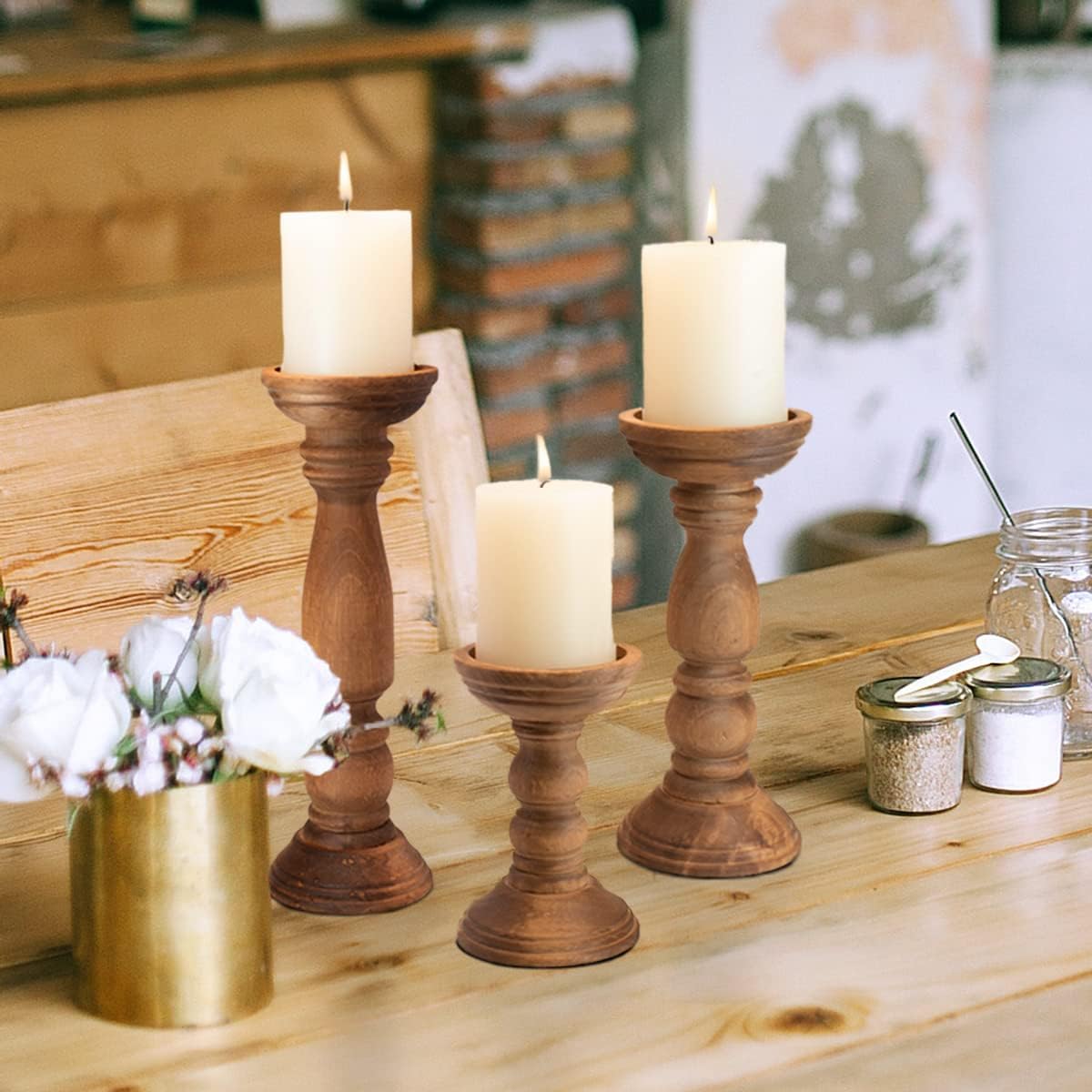 BANOMII Farmhouse Wooden Candle Holder Set of 3