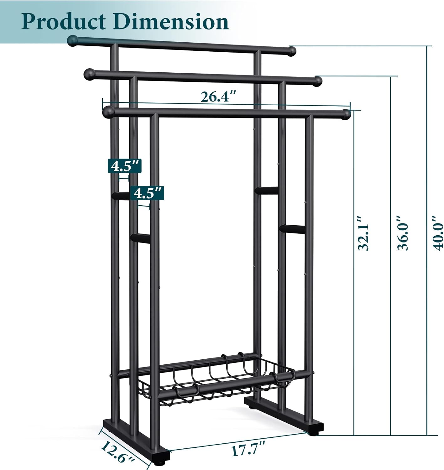 Kayfia 40 Inch Free Standing Towel Rack 3 Tier with Basket Black