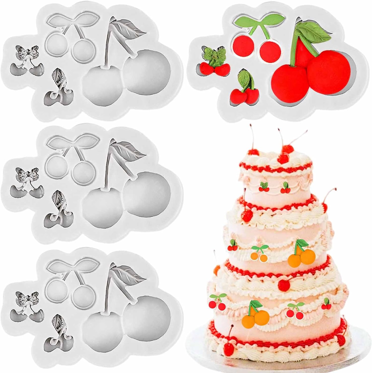 4PCS White Silicone Cherry Mold Set for Fondant Decorations
