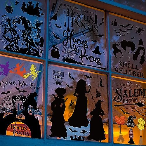 GreenPine 6Pcs Halloween Window Clings Witch Decals Bats Spider Webs