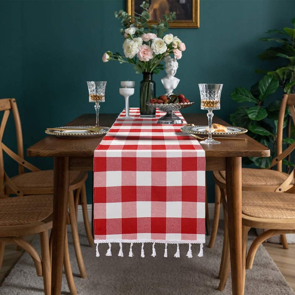 DUOBAO Buffalo Plaid Table Runner Red and White Checkered 14x108 Inches
