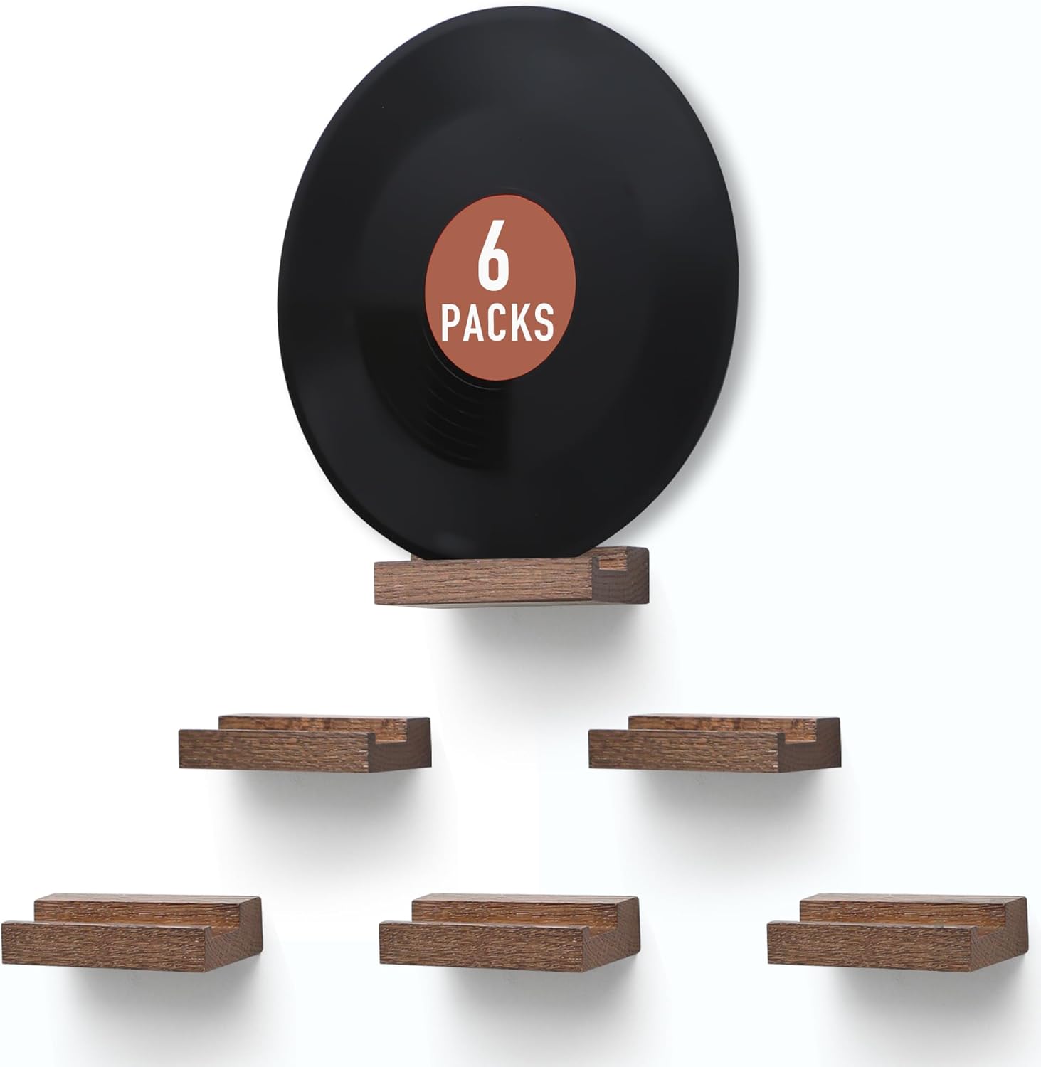 Wood Vinyl Record Shelf Wall Mount 6 Light Walnut