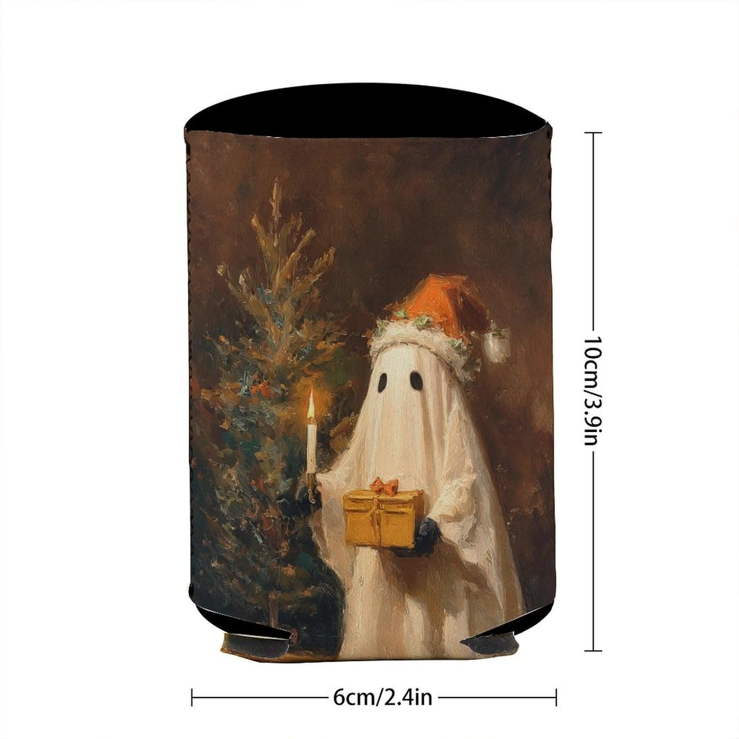 Beer Can Cooler Sleeve with Christmas Hat Ghost Design