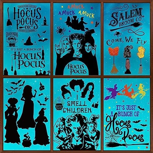GreenPine 6Pcs Halloween Window Clings Witch Decals Bats Spider Webs