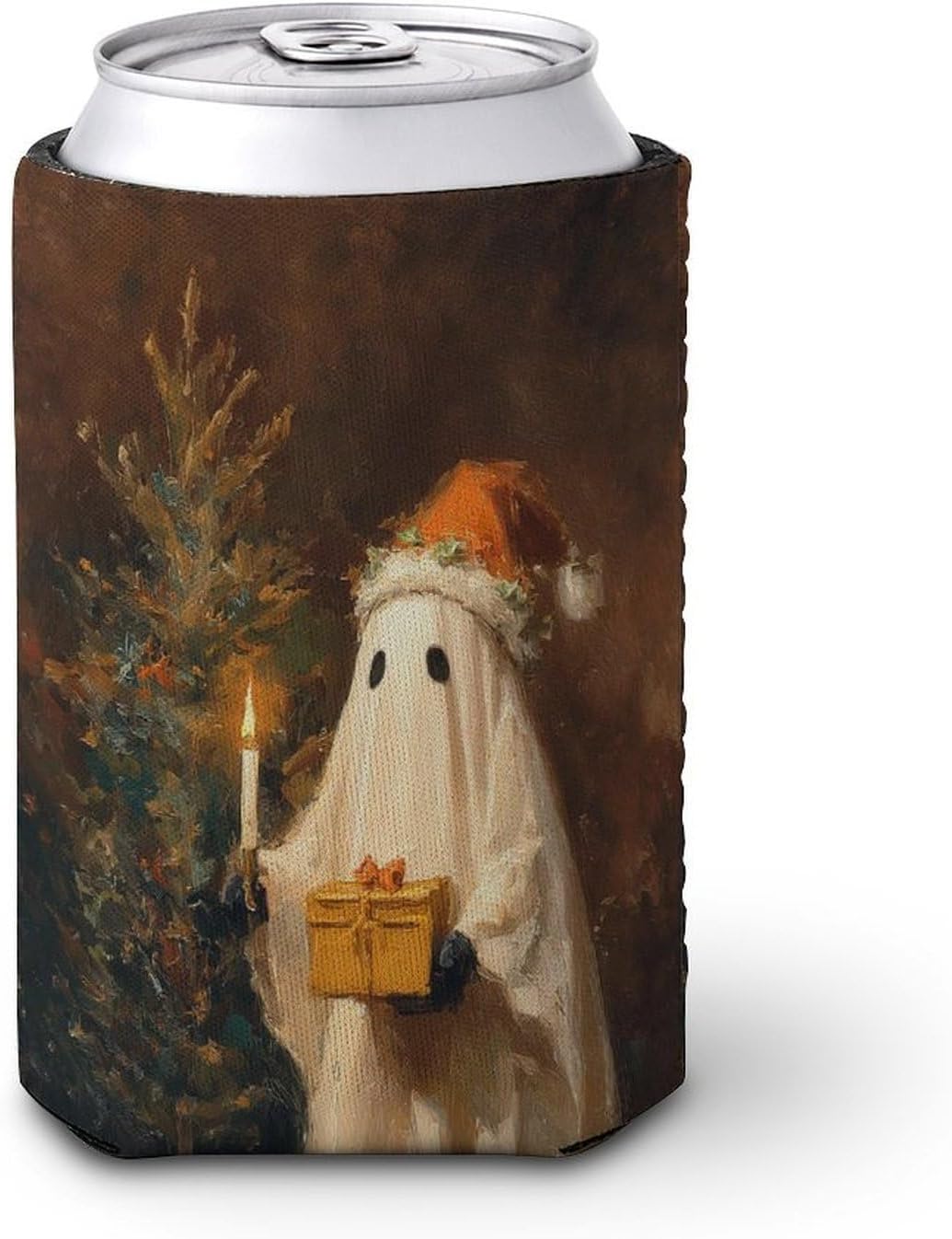 Beer Can Cooler Sleeve with Christmas Hat Ghost Design