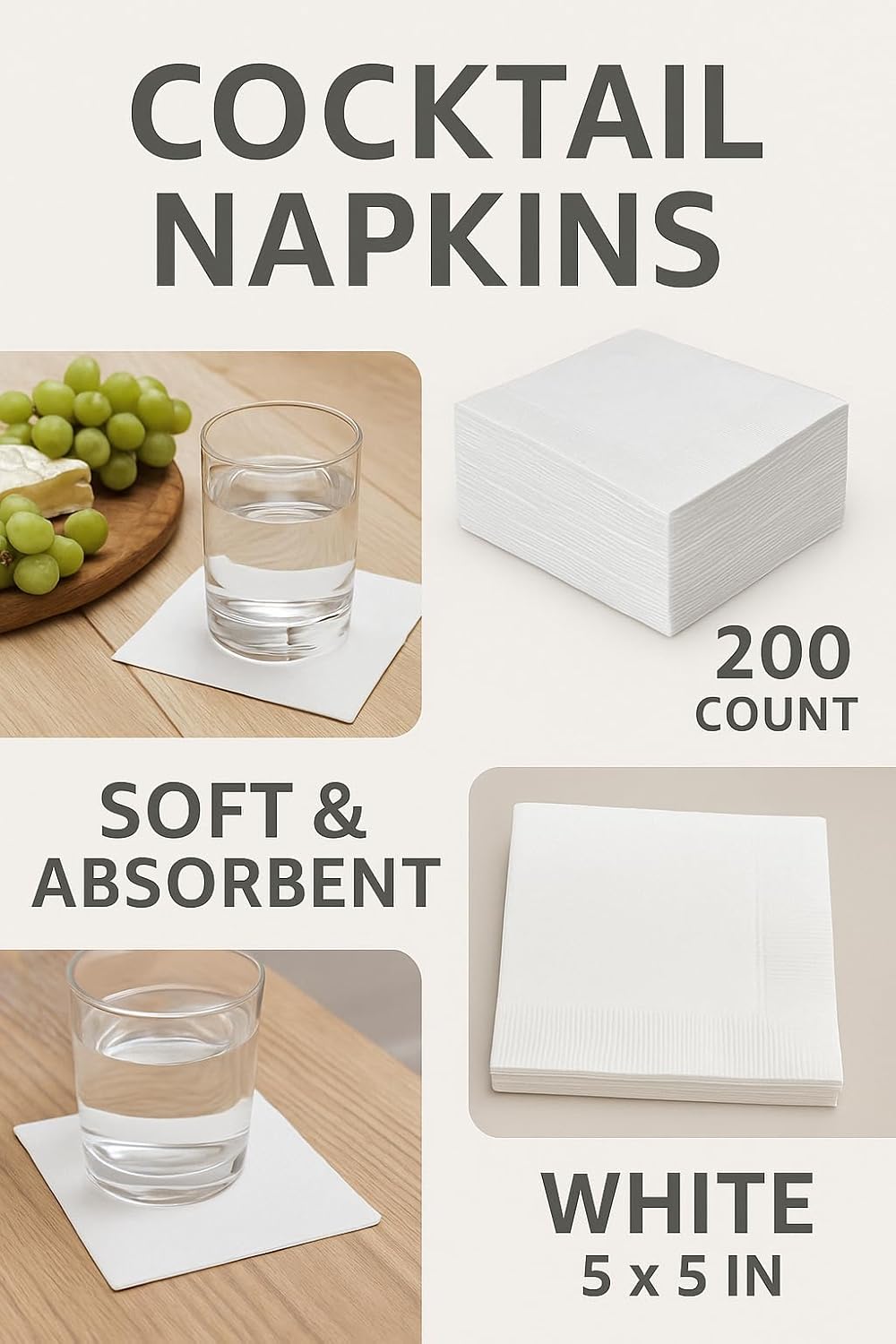 White Cocktail Napkins 200 Count 2-Ply Soft Absorbent