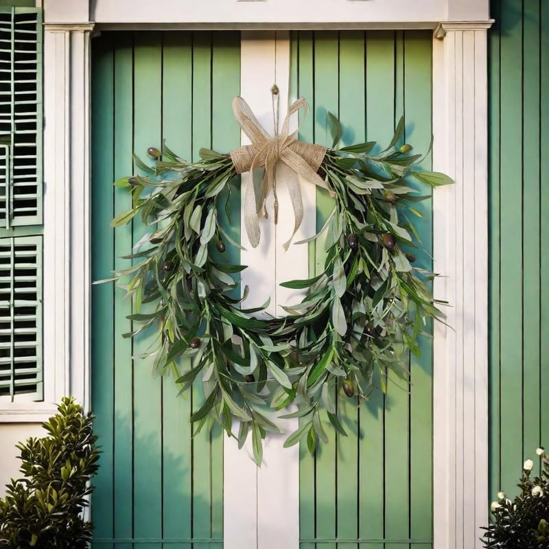 22 Inch Heart Shaped Artificial Olive Wreath - Farmhouse Style with Spring Flowers