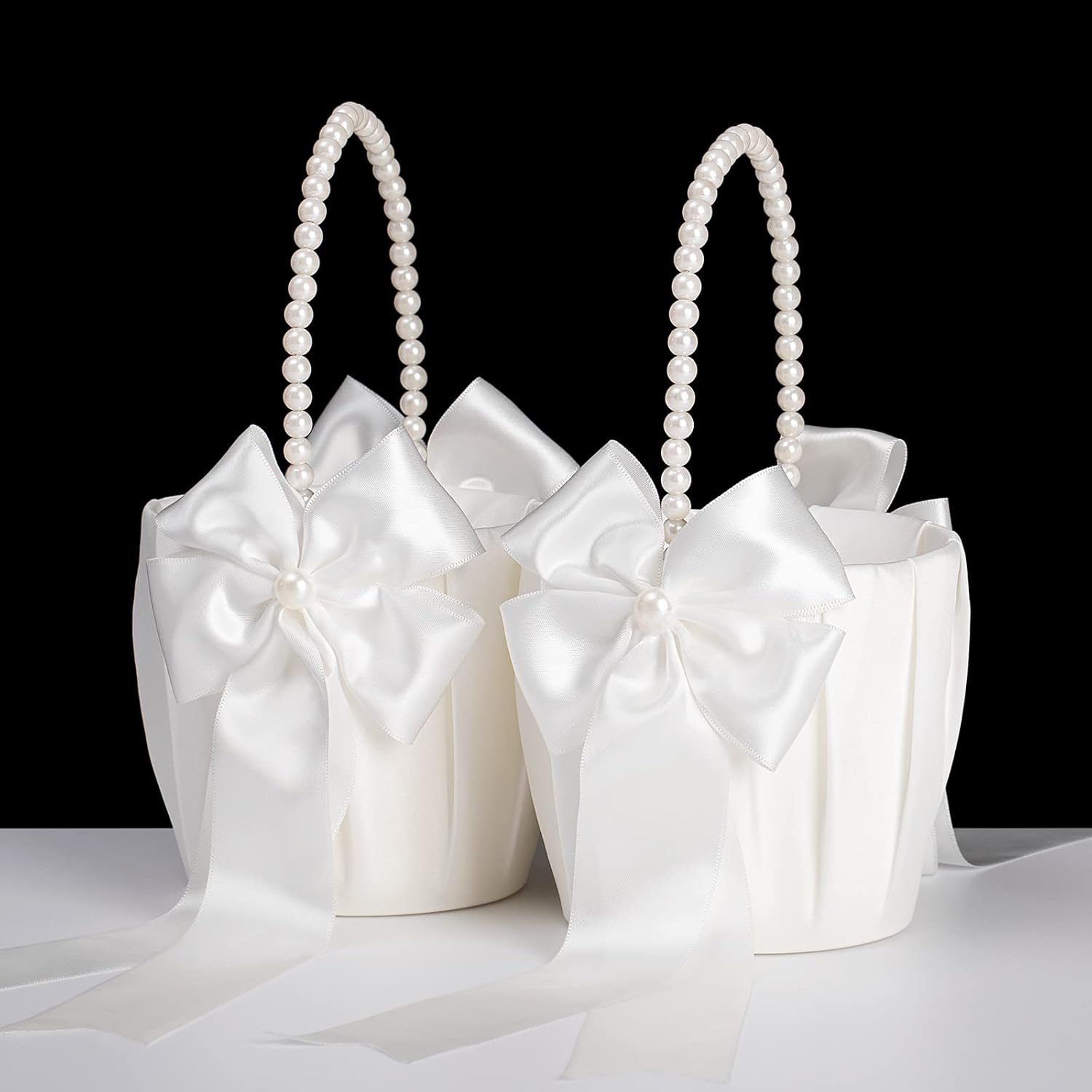 Ivory Flower Girl Baskets With Pearl Handle Set of 2