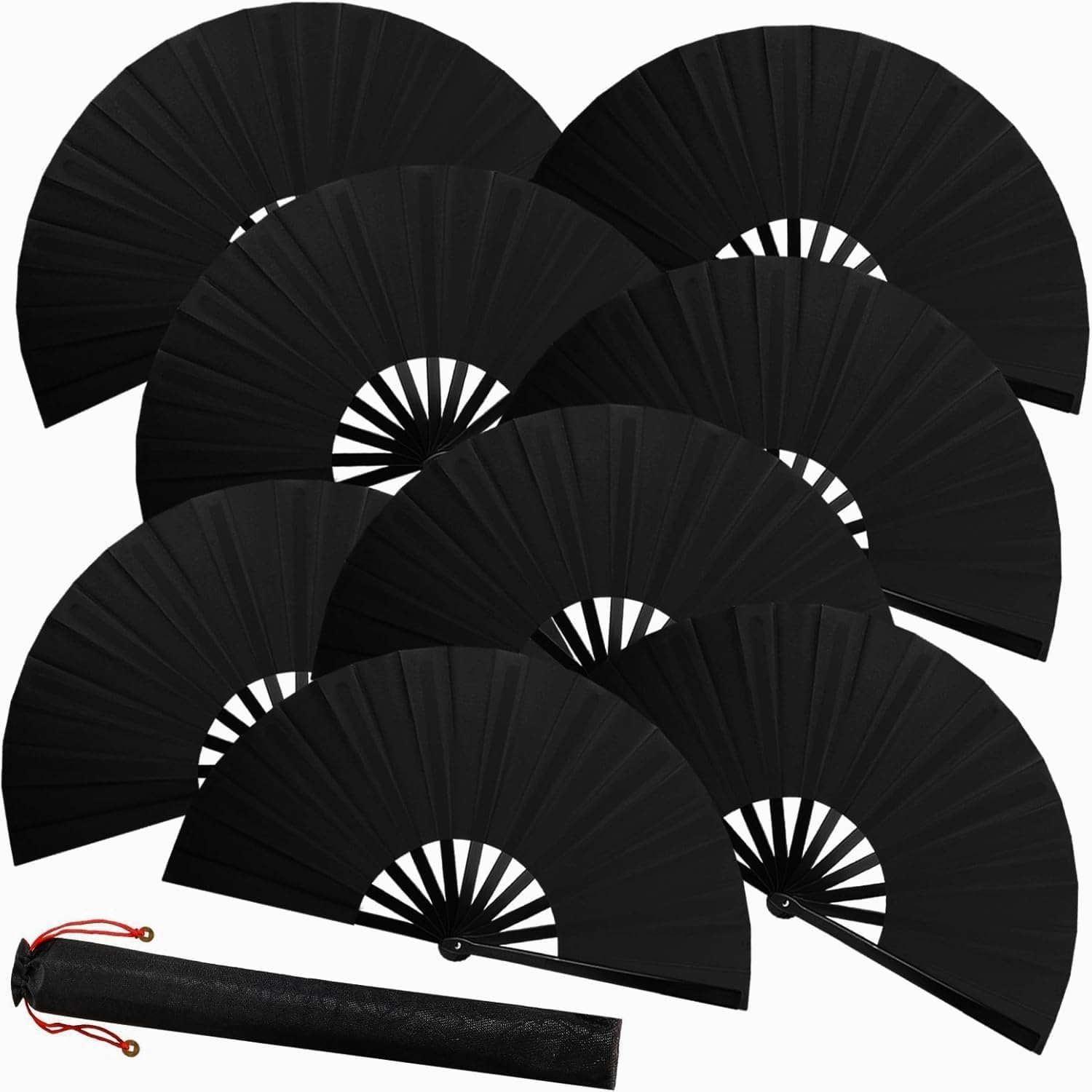 8pcs Large Folding Fans Set for Line Dance and Popping - Black