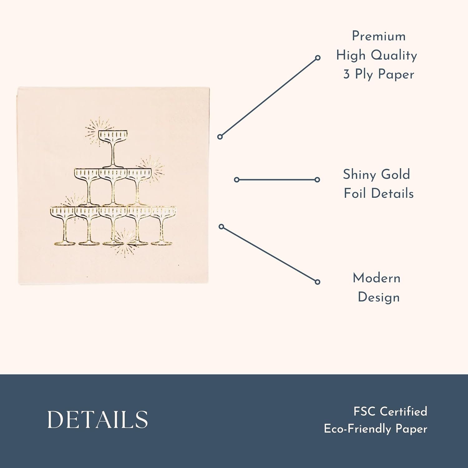 Champagne Tower Cocktail Napkins 5 Inch Folded 20 Pack