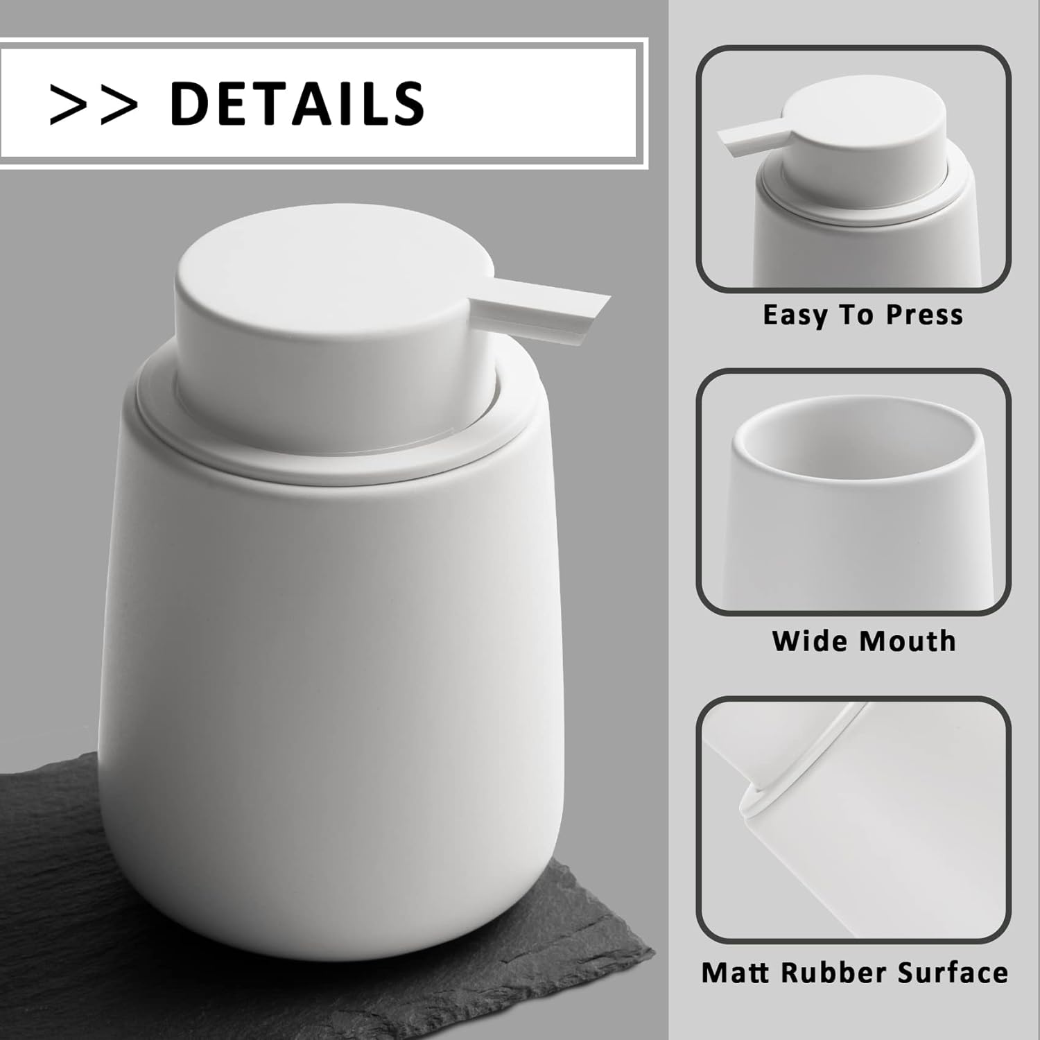 Ceramic Soap Dispenser with Easy to Press Pump 12 oz White