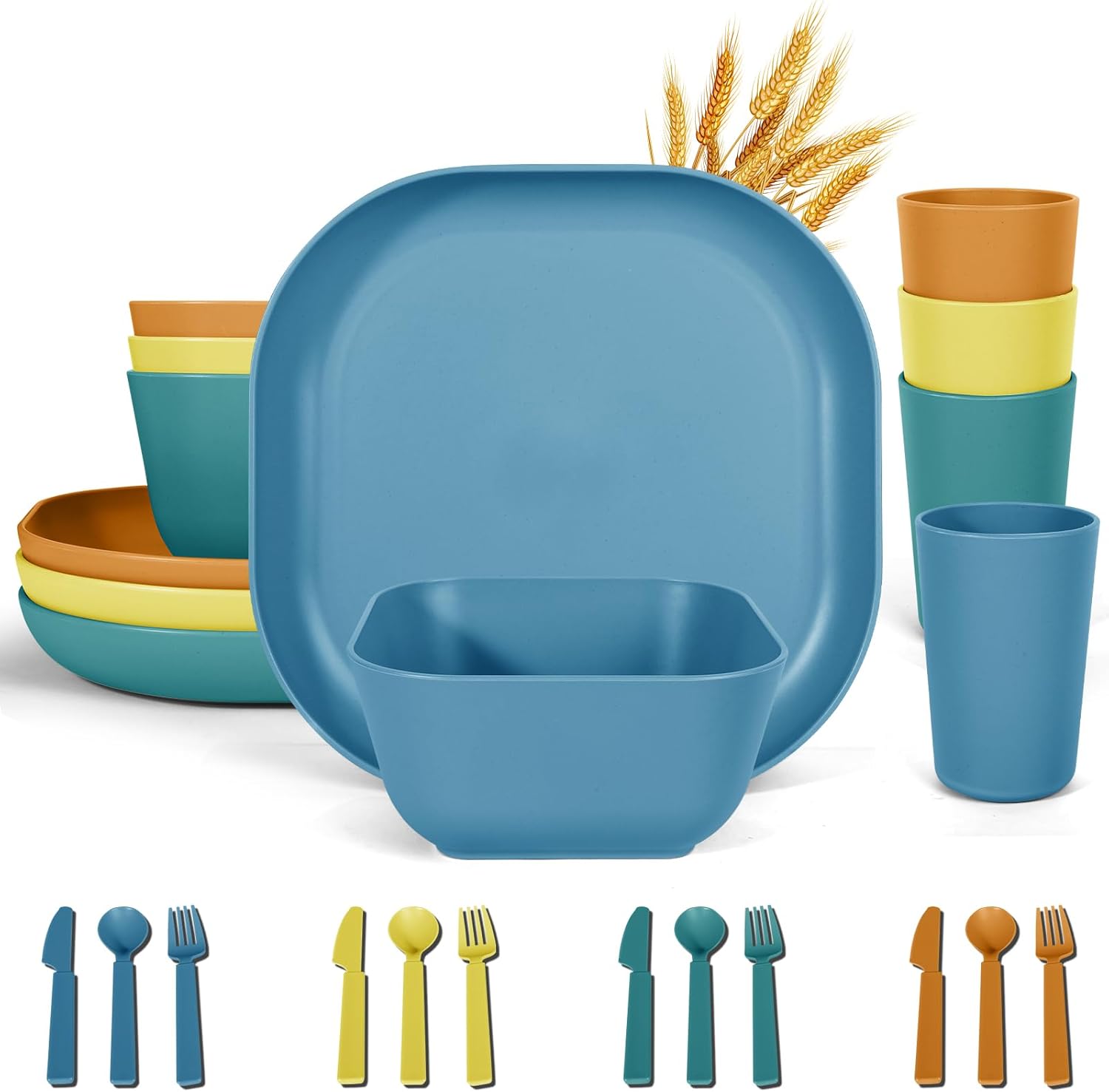 24 Piece Wheat Straw Dinnerware Set for 4 Unbreakable