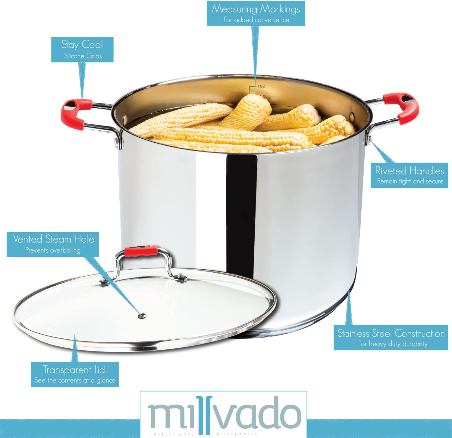 Millvado 84 Qt Stainless Steel Stockpot with Glass Lid and Steam Hole