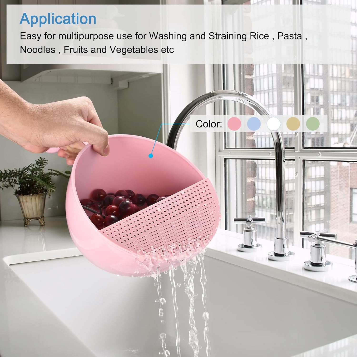 Rice Washing Bowl Set with Quick Drain and Long Handle - Pink