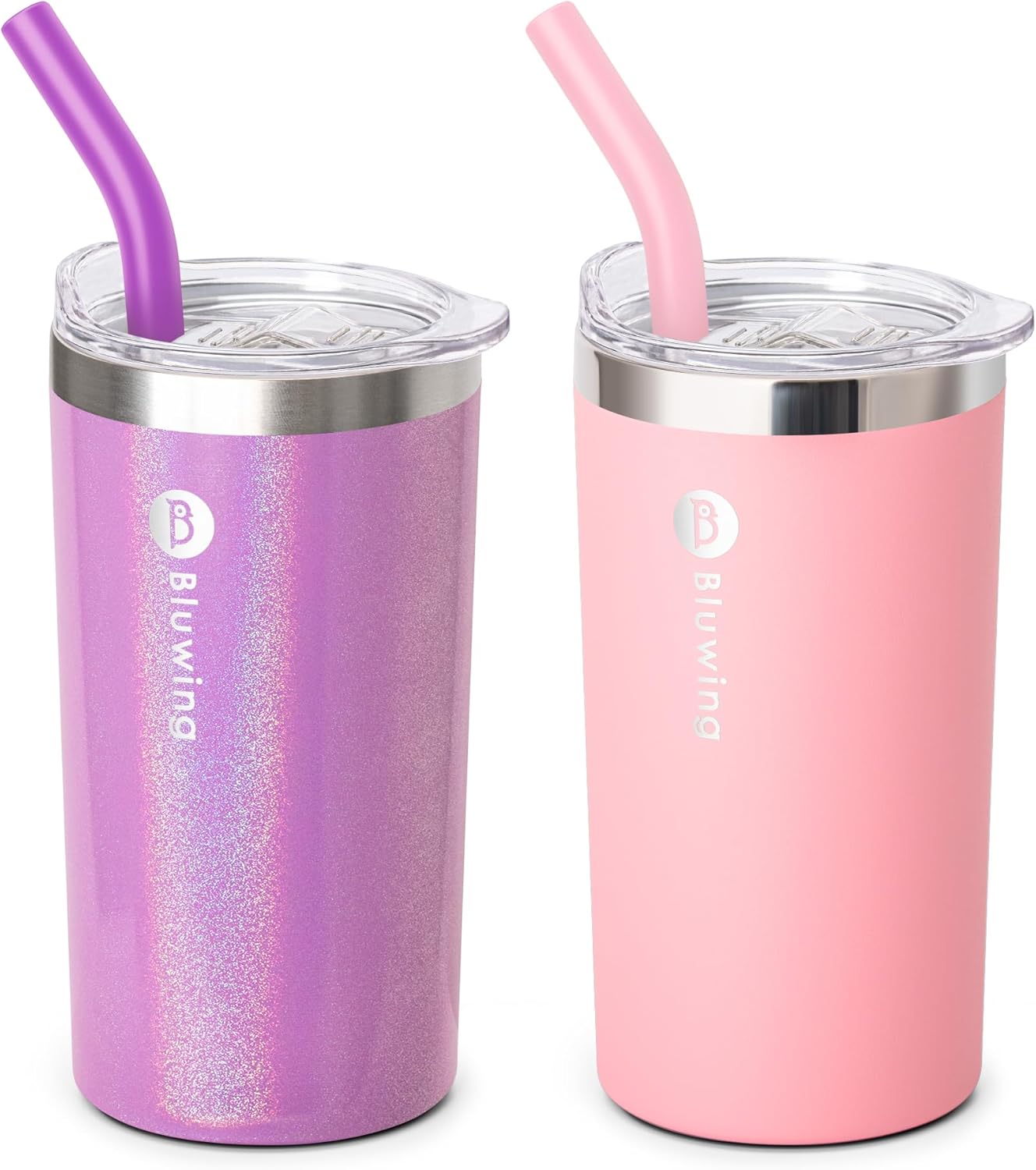 Bluwing 12 oz Double Wall Insulated Skinny Tumbler with Straw - Glitter PurplePink