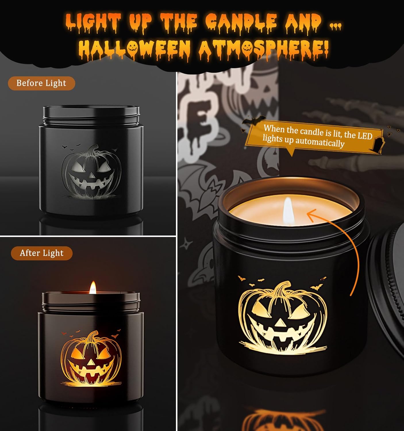 Halloween Candle Set 4 Pack with Pumpkin Skull Ghost Witch